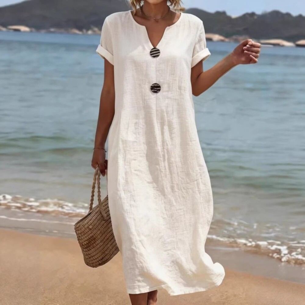 Women's White V-Neck Short-Sleeve Relaxed Linen-Look Maxi Dress